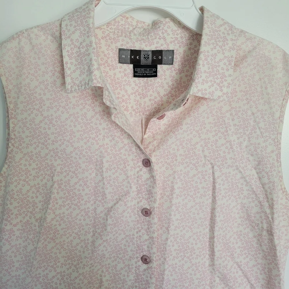 Vintage Womens Nike Golf Tank Top Button Front L Pink Flower Print